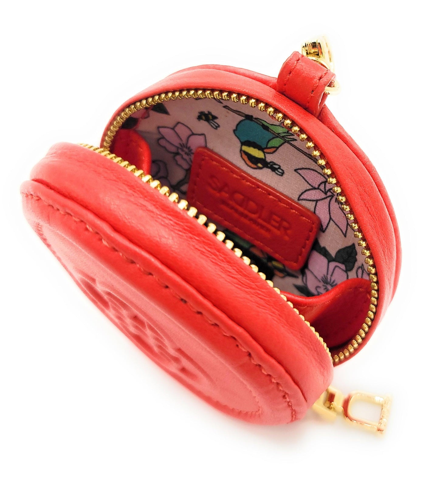 Red round pouch with gold zipper on a white background
