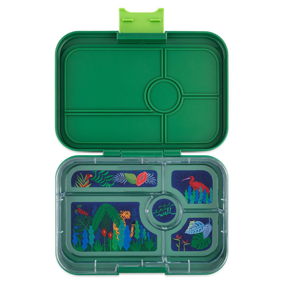 Green compartmentalized container with dinosaur design on a white background