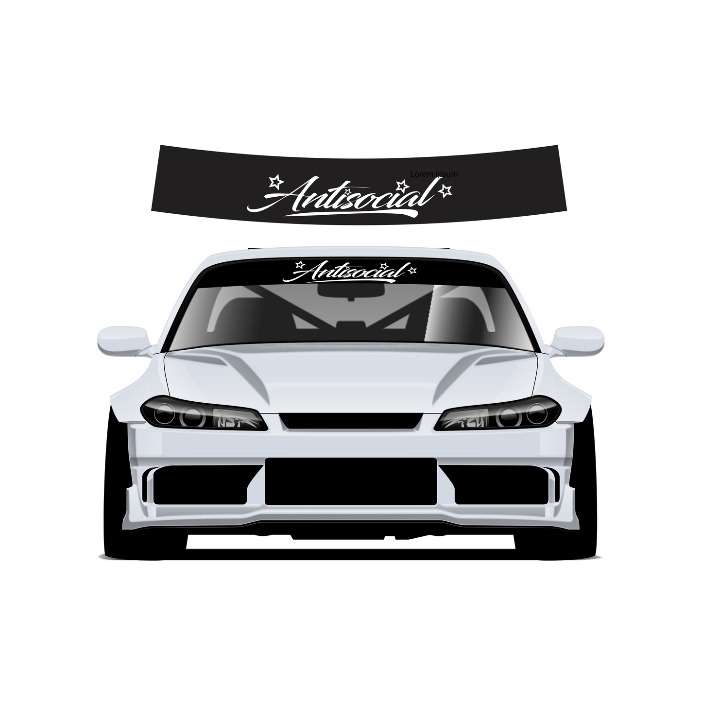 White car with 'Antisocial' decal on the windshield and roof against a white background