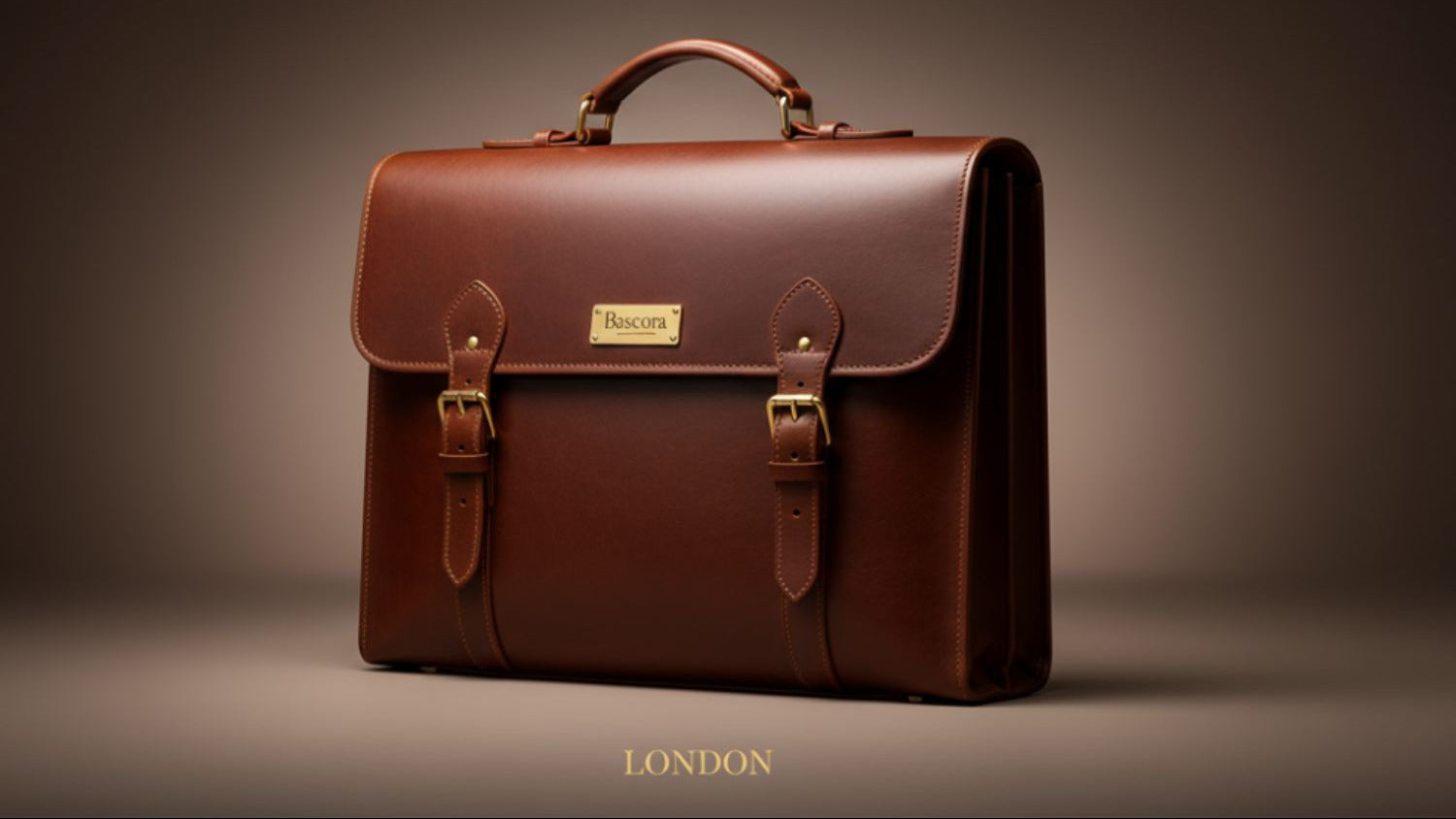 Brown leather briefcase with 'London' branding on a dark background