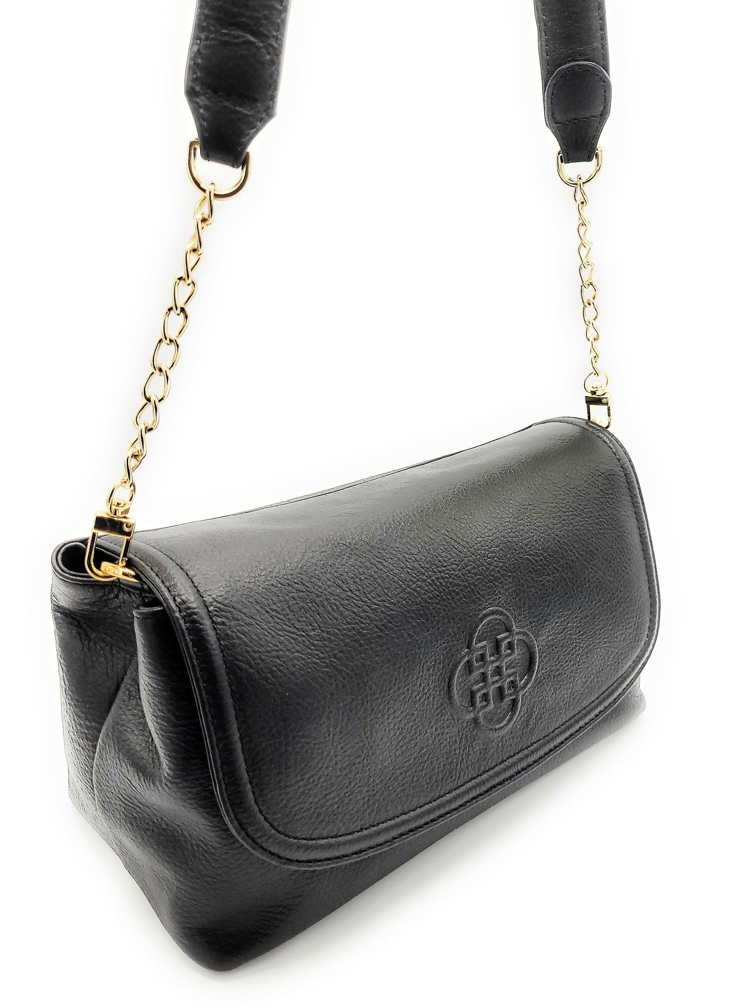 Black handbag with gold chain strap on a white background