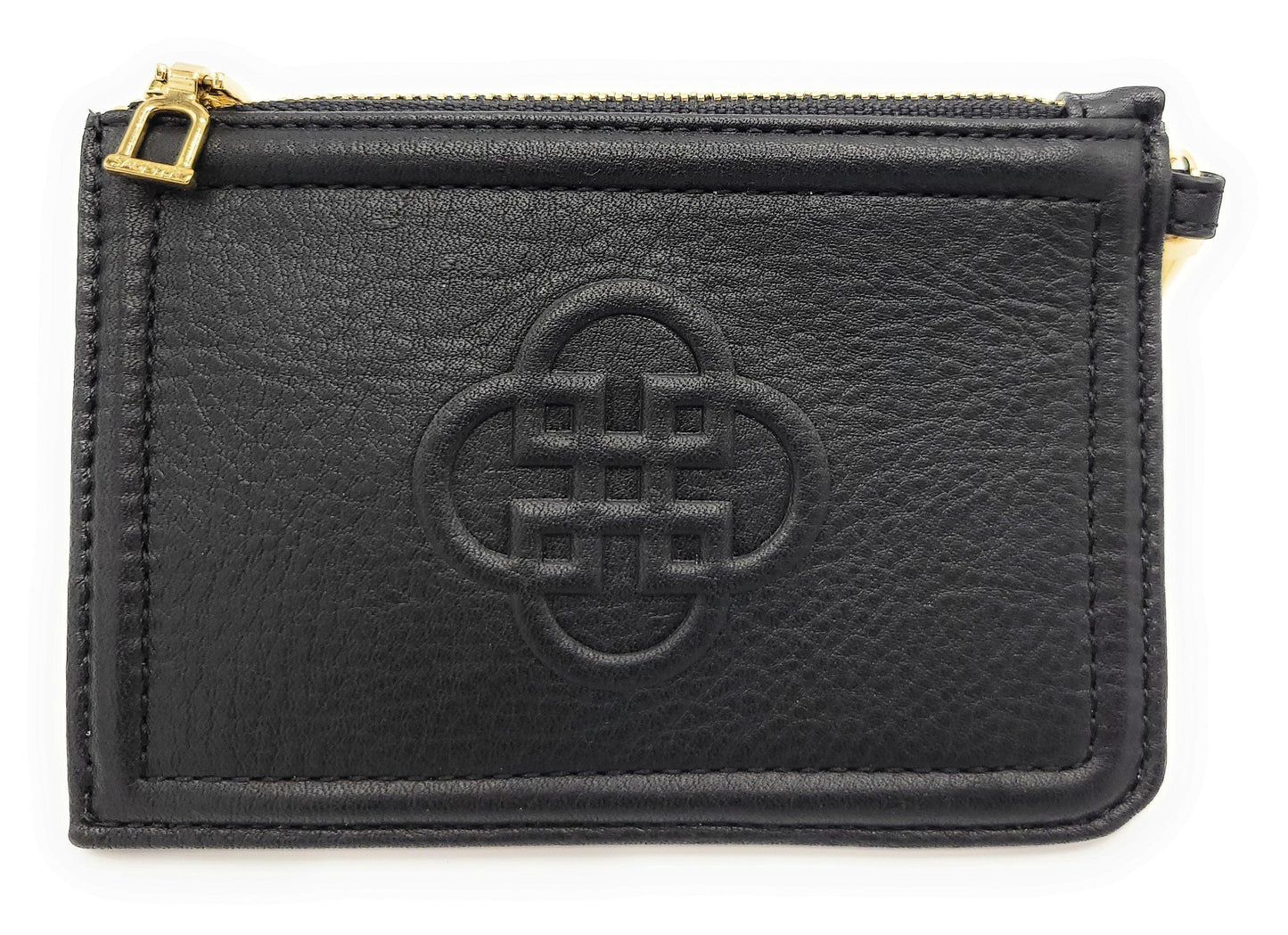 Black leather pouch with gold zipper and embossed logo on a white background