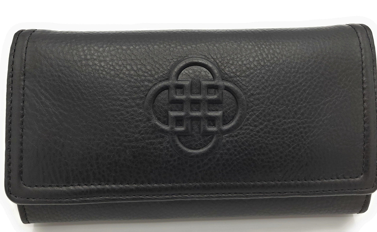 Black leather wallet with a central embossed design on a white background