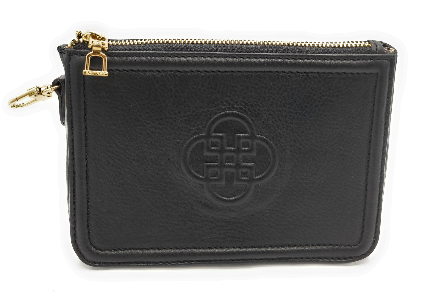 Black leather pouch with gold zipper and logo on a white background