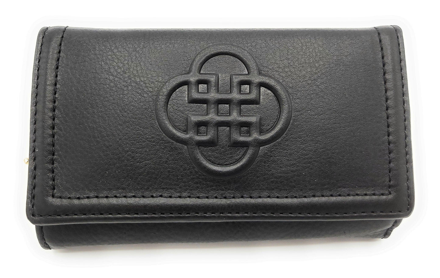 Black leather wallet with a central embossed design on a white background