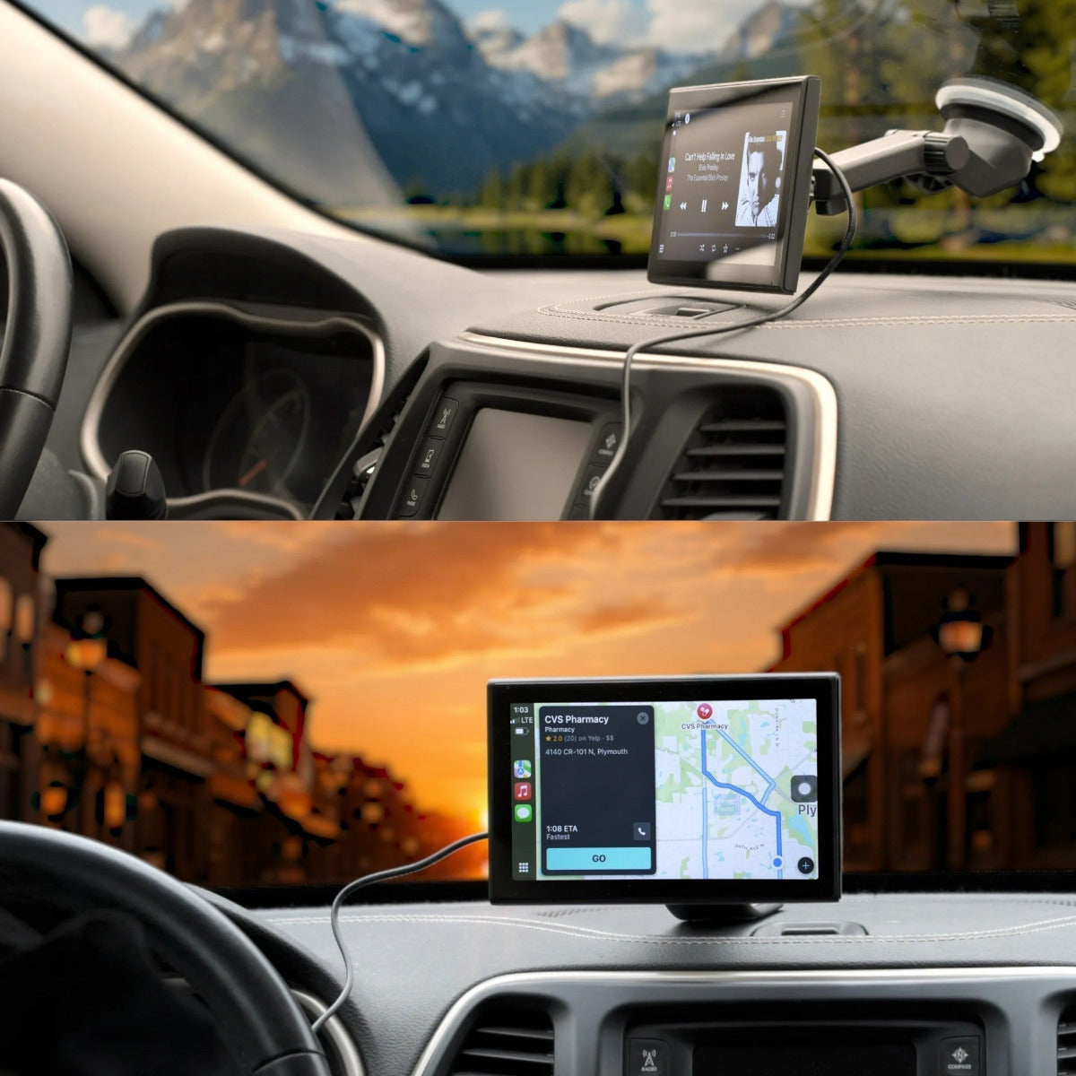 GPS device on a car dashboard with scenic views in the background