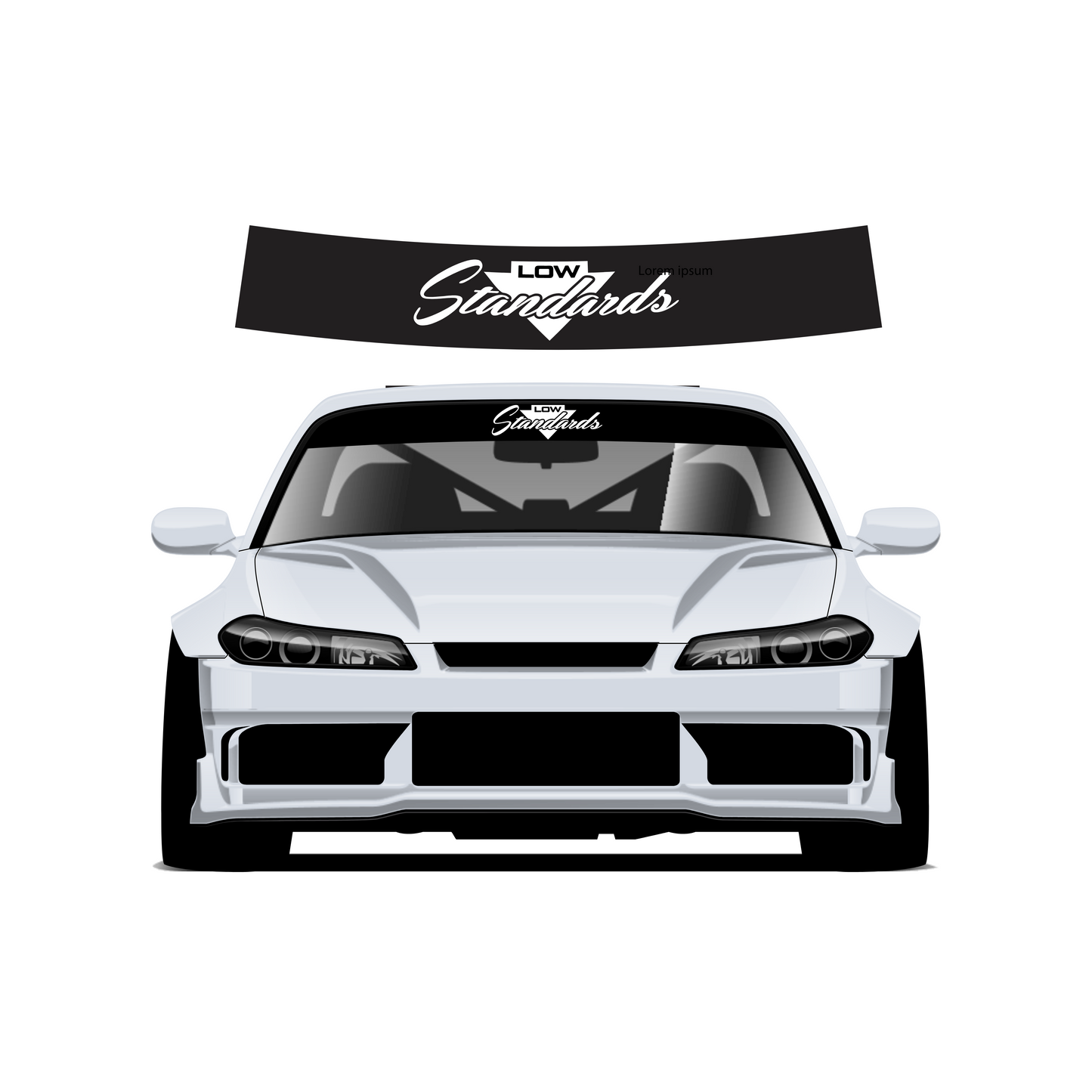 White car with 'Low Standards' decal on a white background