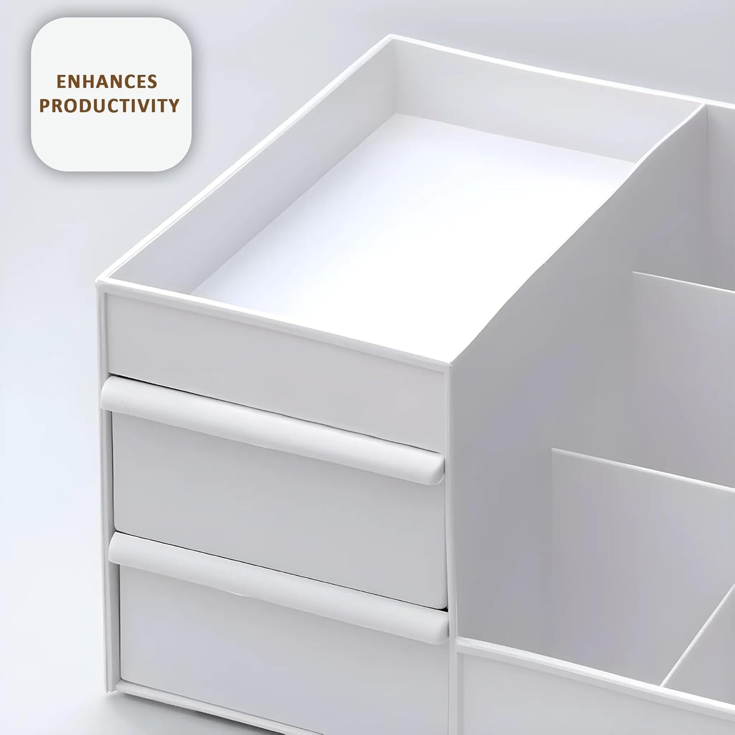 Organizador de escritorio blanco con 8 compartimentos y cajones para estudiantes