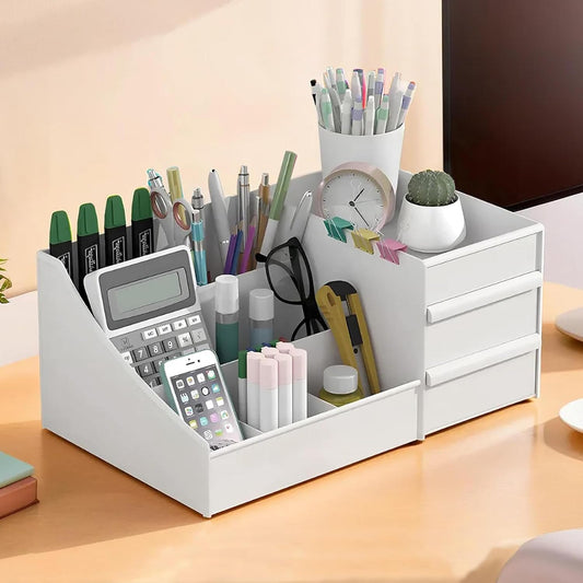 Organizador de escritorio blanco con 8 compartimentos y cajones para estudiantes