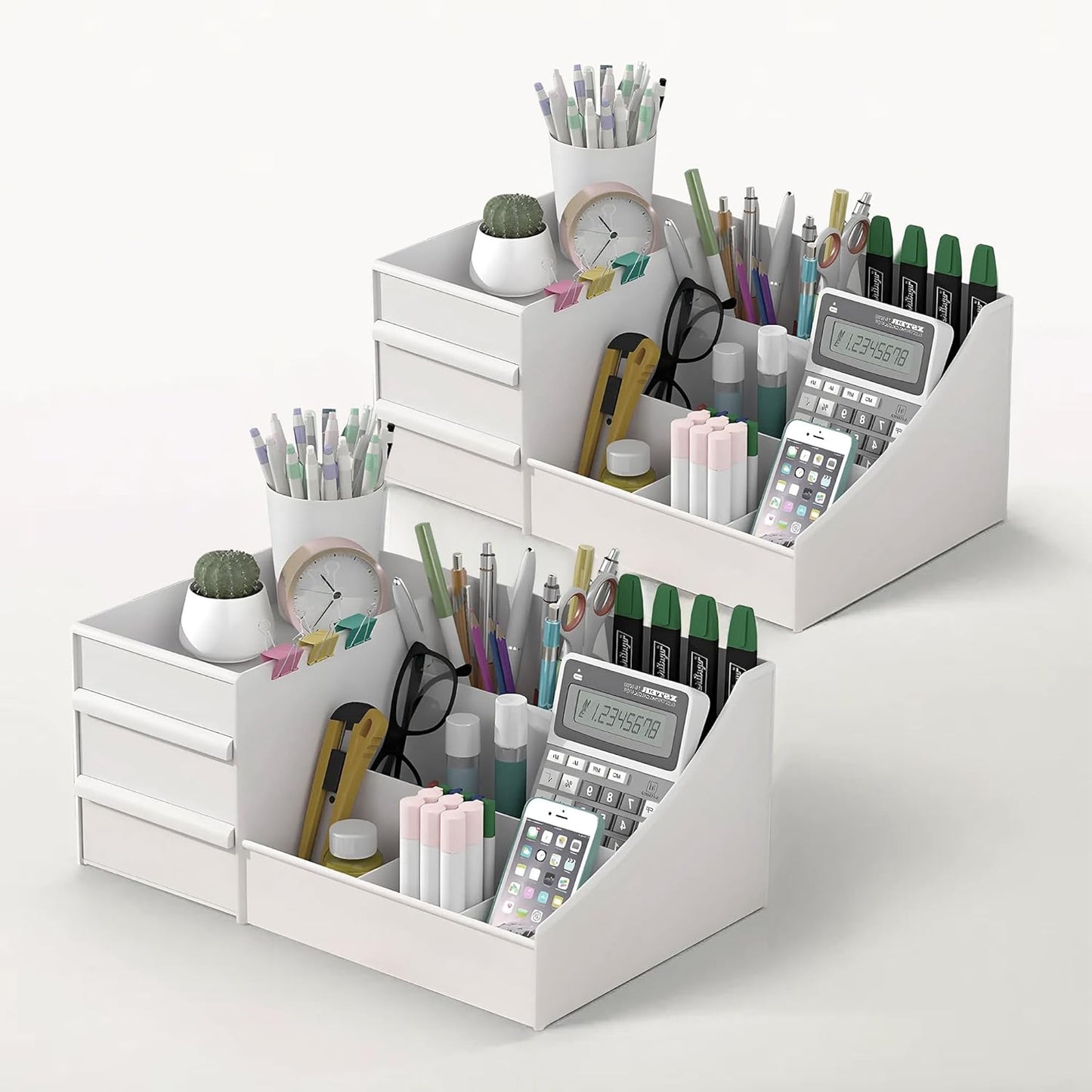 Organizador de escritorio blanco con 8 compartimentos y cajones para estudiantes
