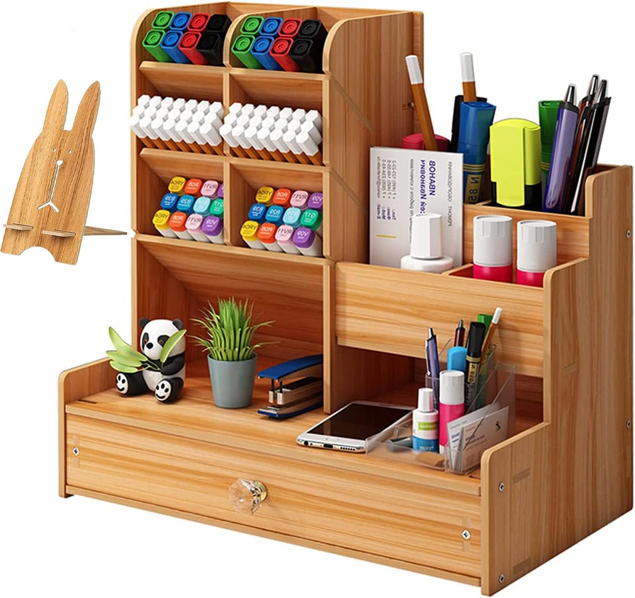 TOVIXY Organizador de escritorio con soporte para bolígrafos de madera marrón para oficina y estudio