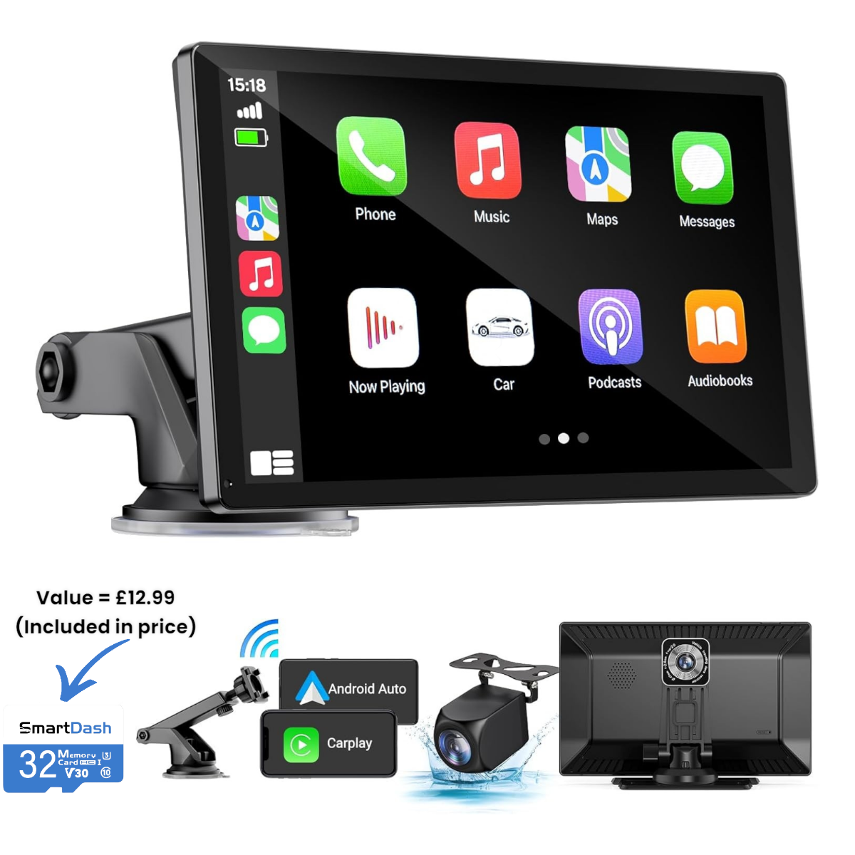 Car dashboard monitor with app icons on screen, camera, and additional accessories on a white background
