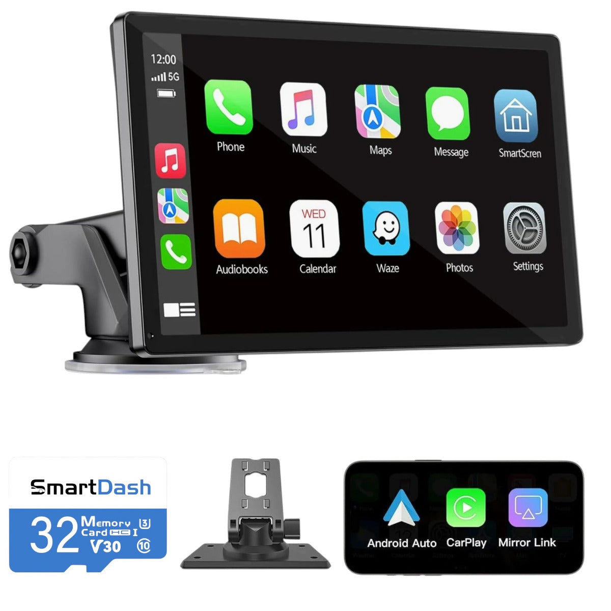 Car dashboard display with app icons and SmartDash branding on a white background