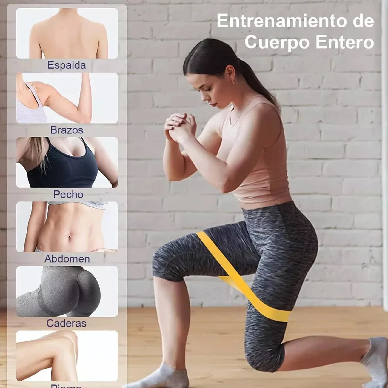 Woman exercising with resistance bands, focusing on different body parts, against a brick wall.