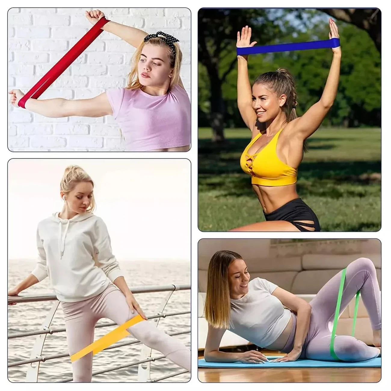 Collage of four images showing women using resistance bands in different settings.