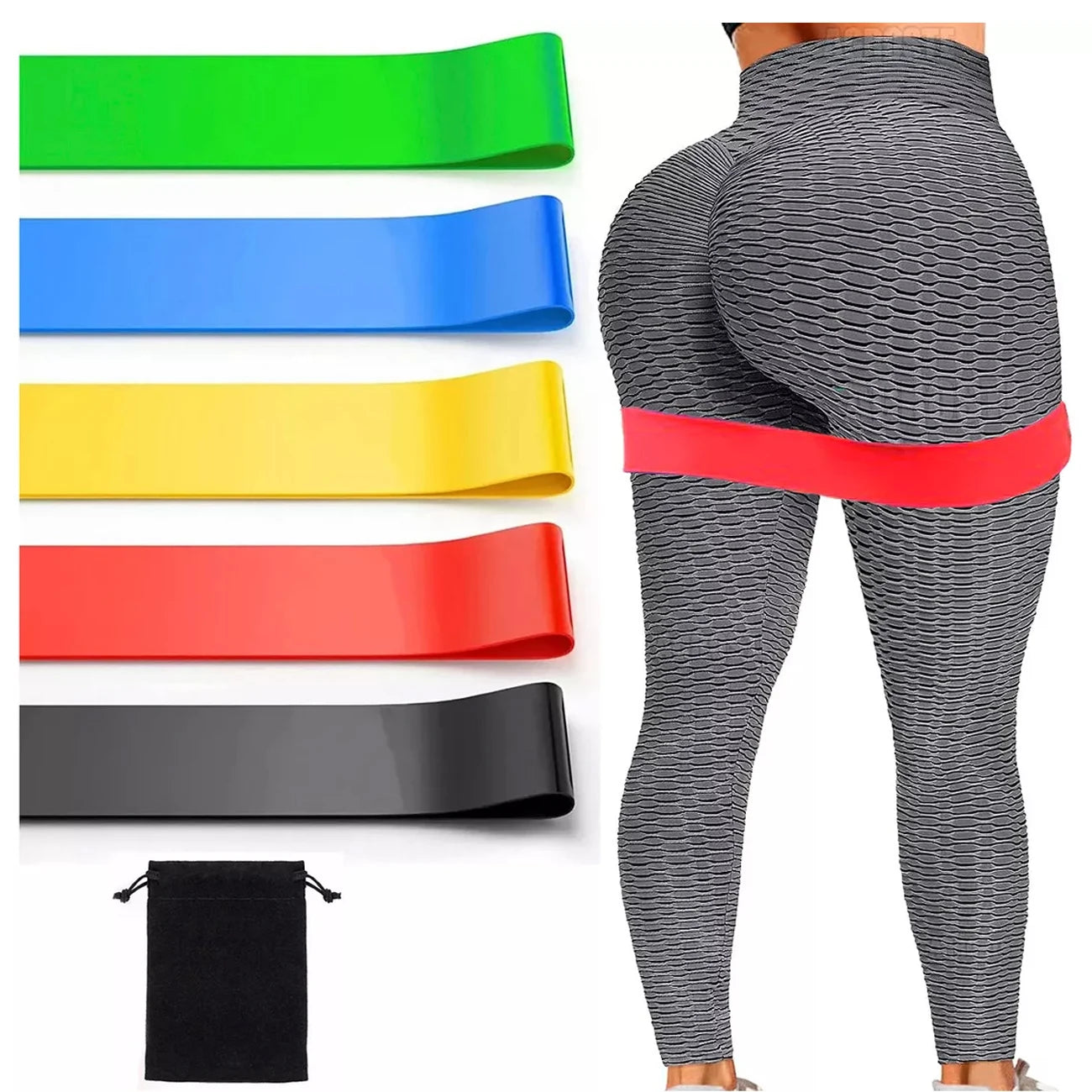 Resistance bands in various colors with a person wearing gray leggings with a red band.