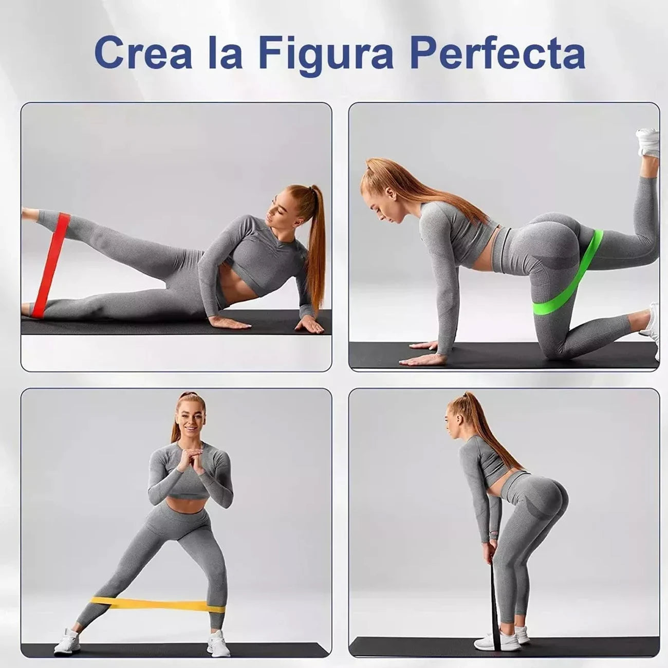 Woman performing various Pilates exercises with resistance bands on a gray background.