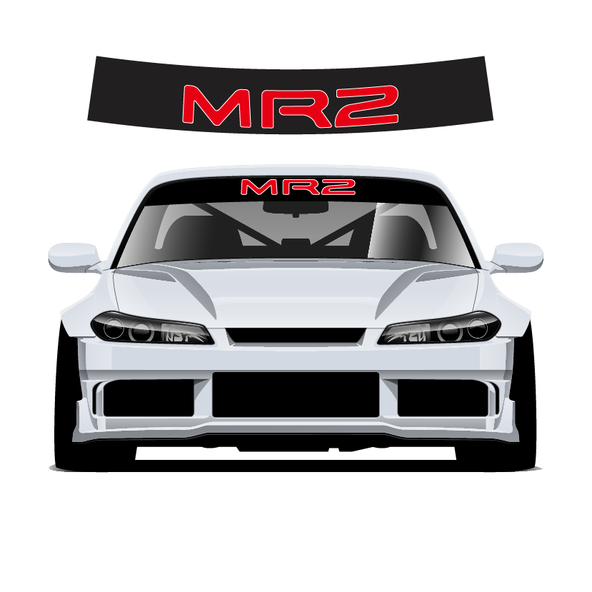Car with 'MR2' decal on windshield and hood on a white background