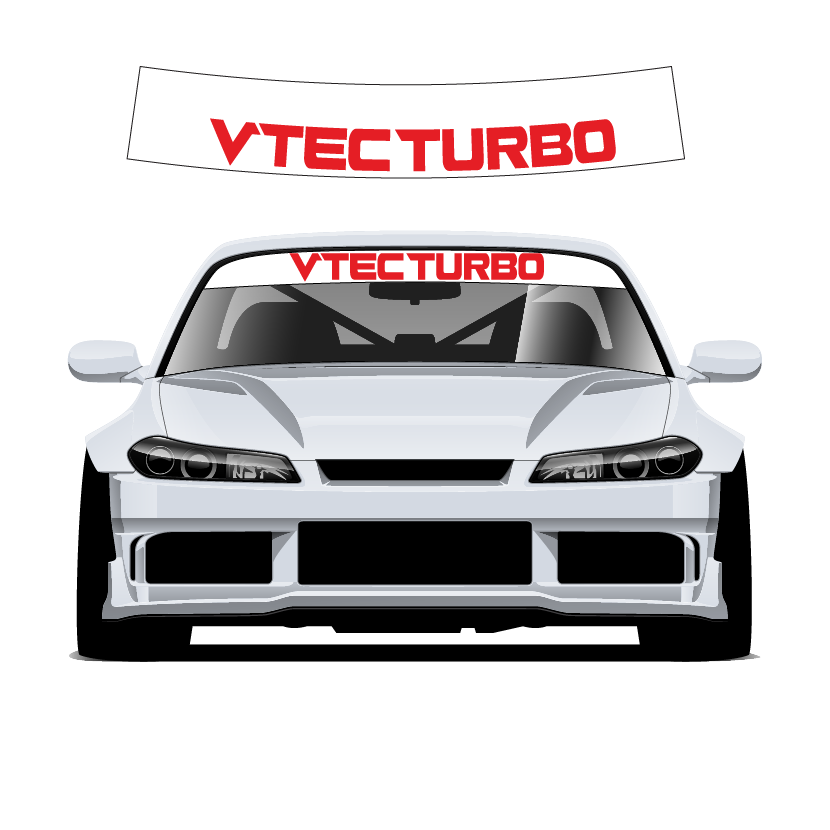 Car with 'VTEC TURBO' decal on windshield and hood on a white background