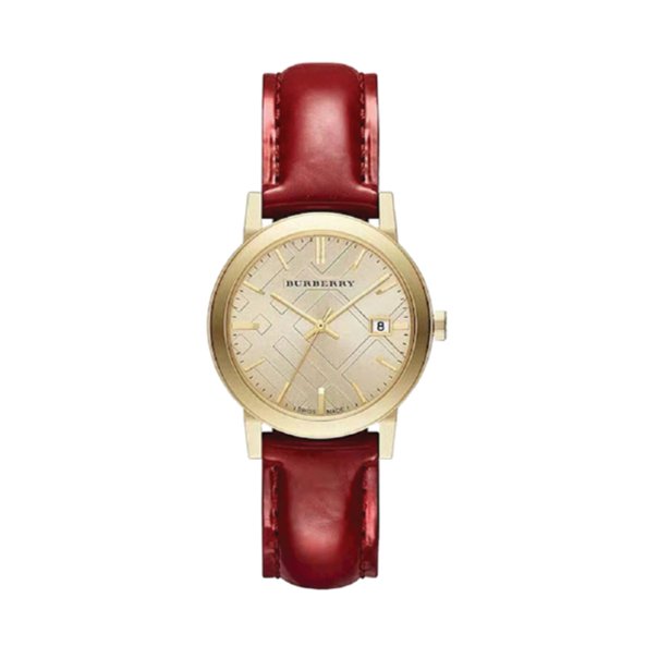 Reloj Burberry para mujer, chapado en oro, de charol rojo, 34 mm, BU9140