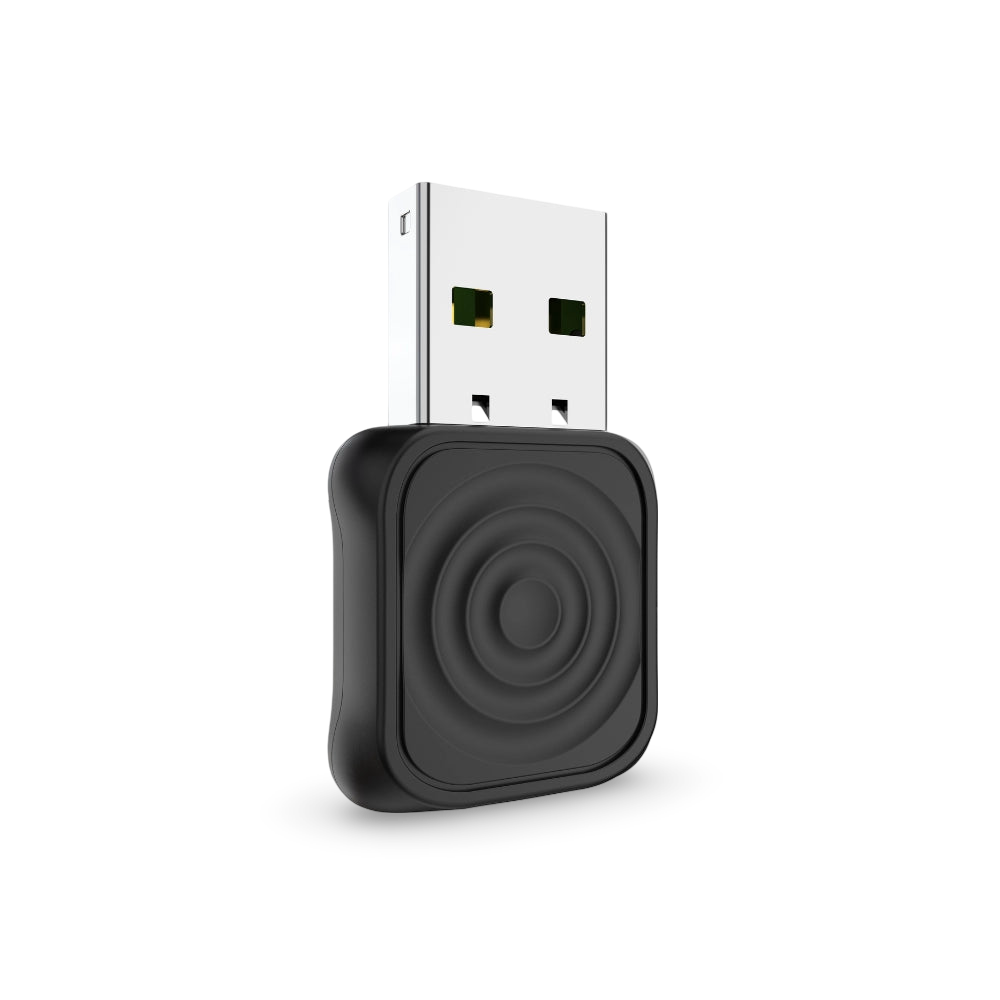 Black USB device with a circular design on a white background