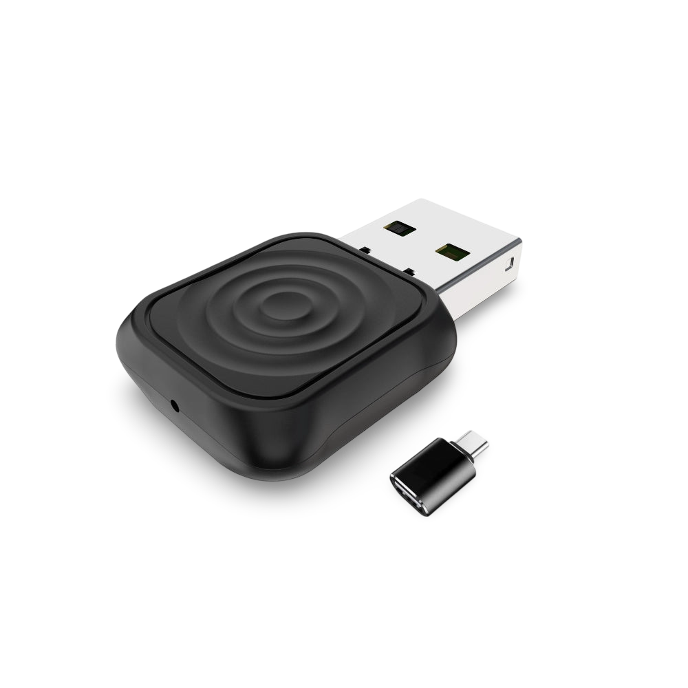 Black USB adapter with a smaller matching device on a white background