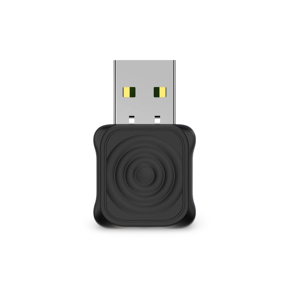 Black USB adapter with a circular design on a white background