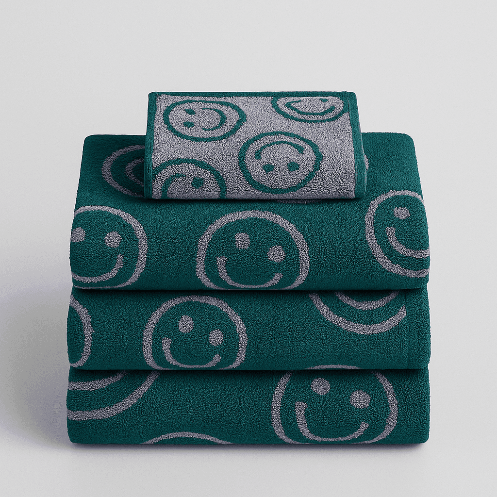 Stack of green towels with smiley face patterns on a light gray background