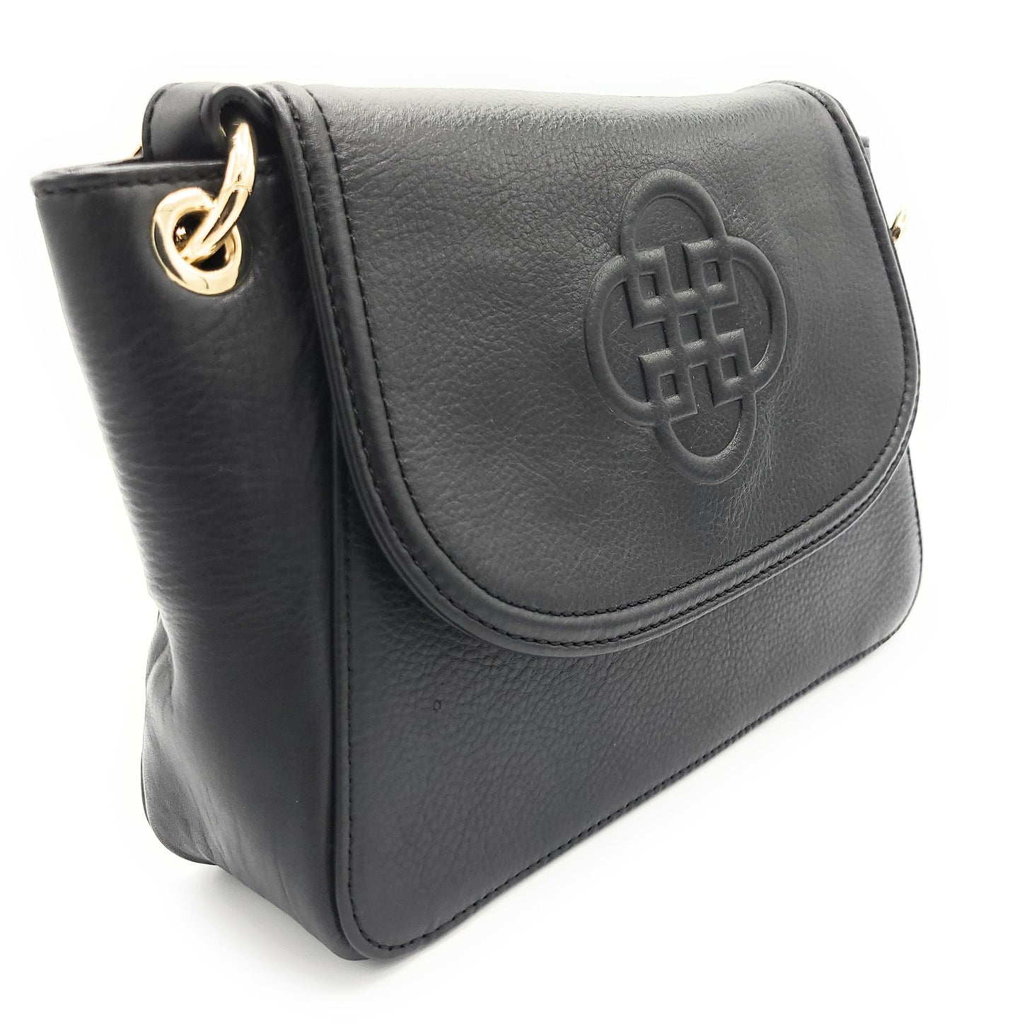 Black handbag with a gold clasp and logo on a white background