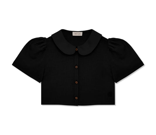 Má + Lin Frances Cropped Linen Blouse in Black