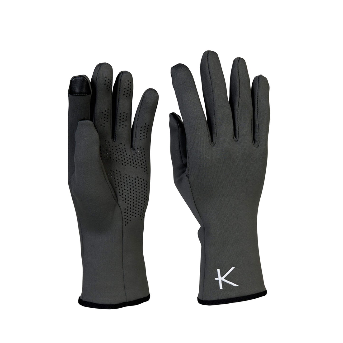 Pair of black gloves with a brand logo on a white background