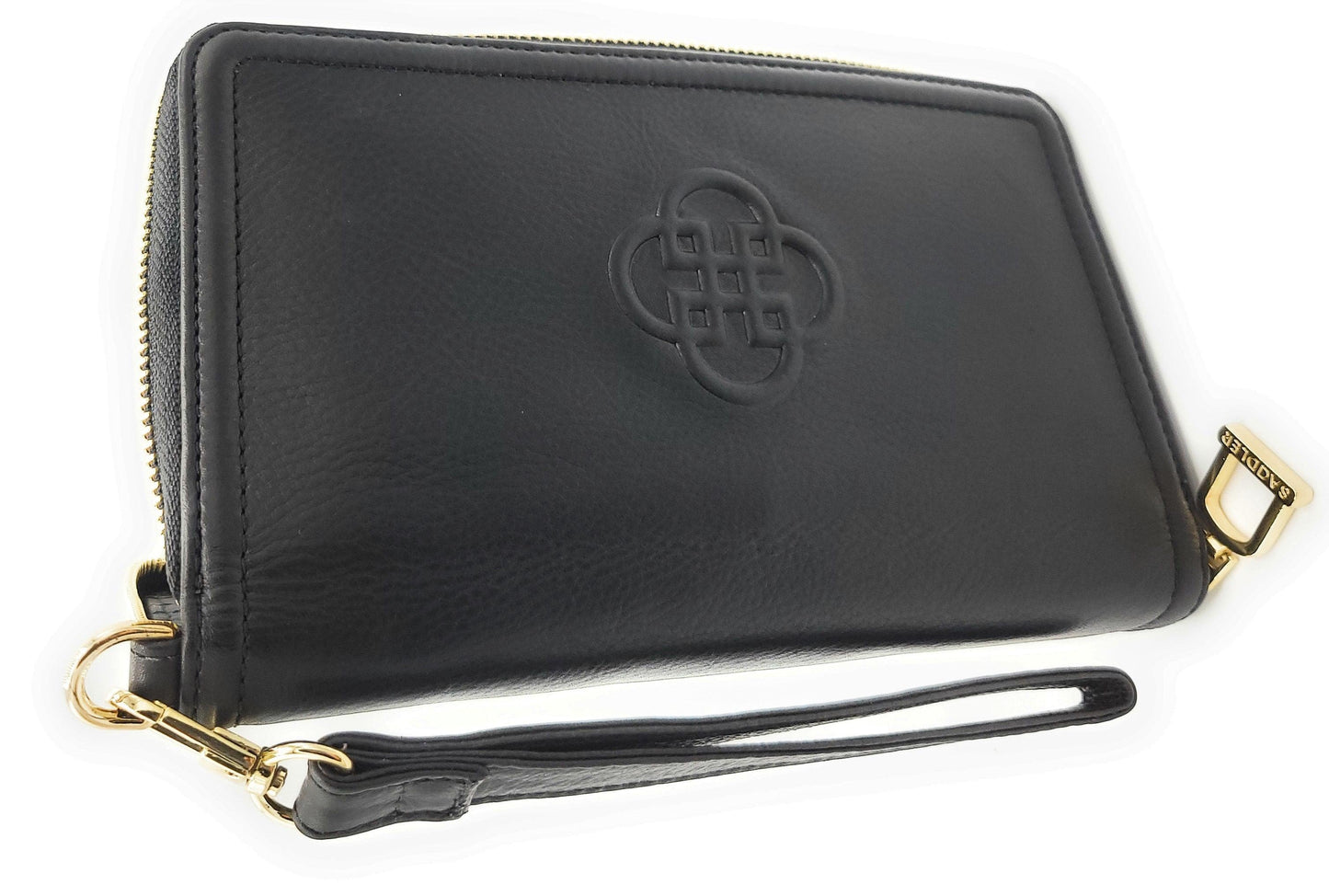 Black leather wallet with a gold zipper and wrist strap on a white background