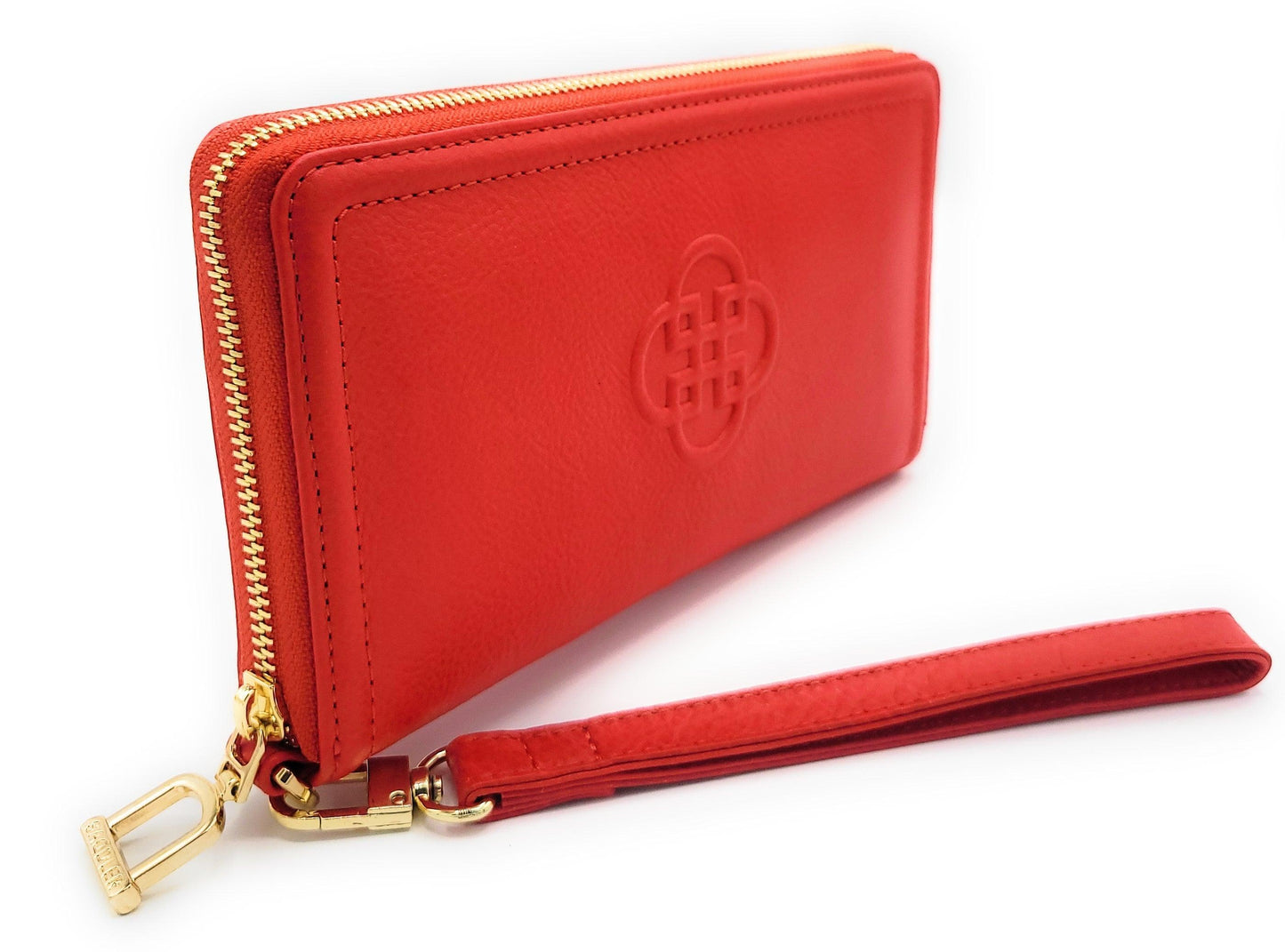 Red wallet with gold zipper and strap on a white background