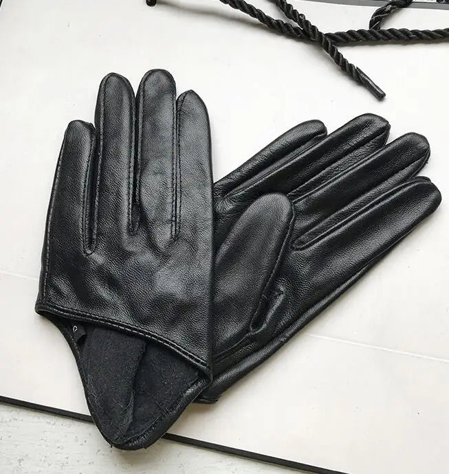 Guantes cortos de piel de oveja para mujer, otoño-invierno, diseño de media palma