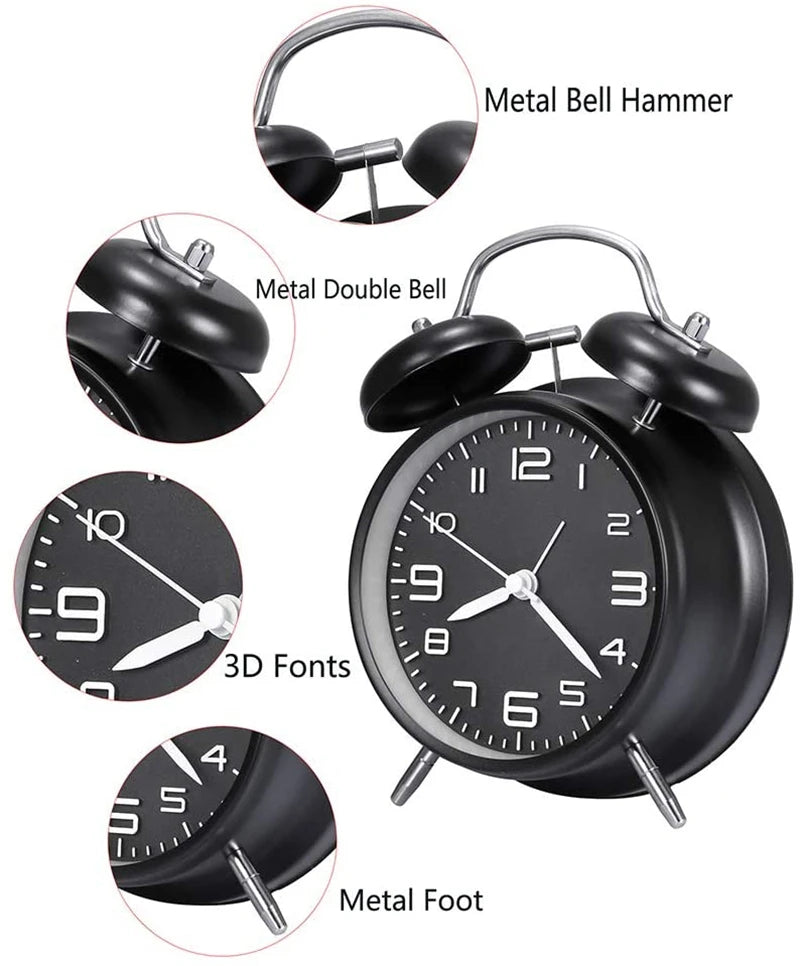 4 Inch Twin Bell Loud Alarm Clock - Metal Frame with Backlight