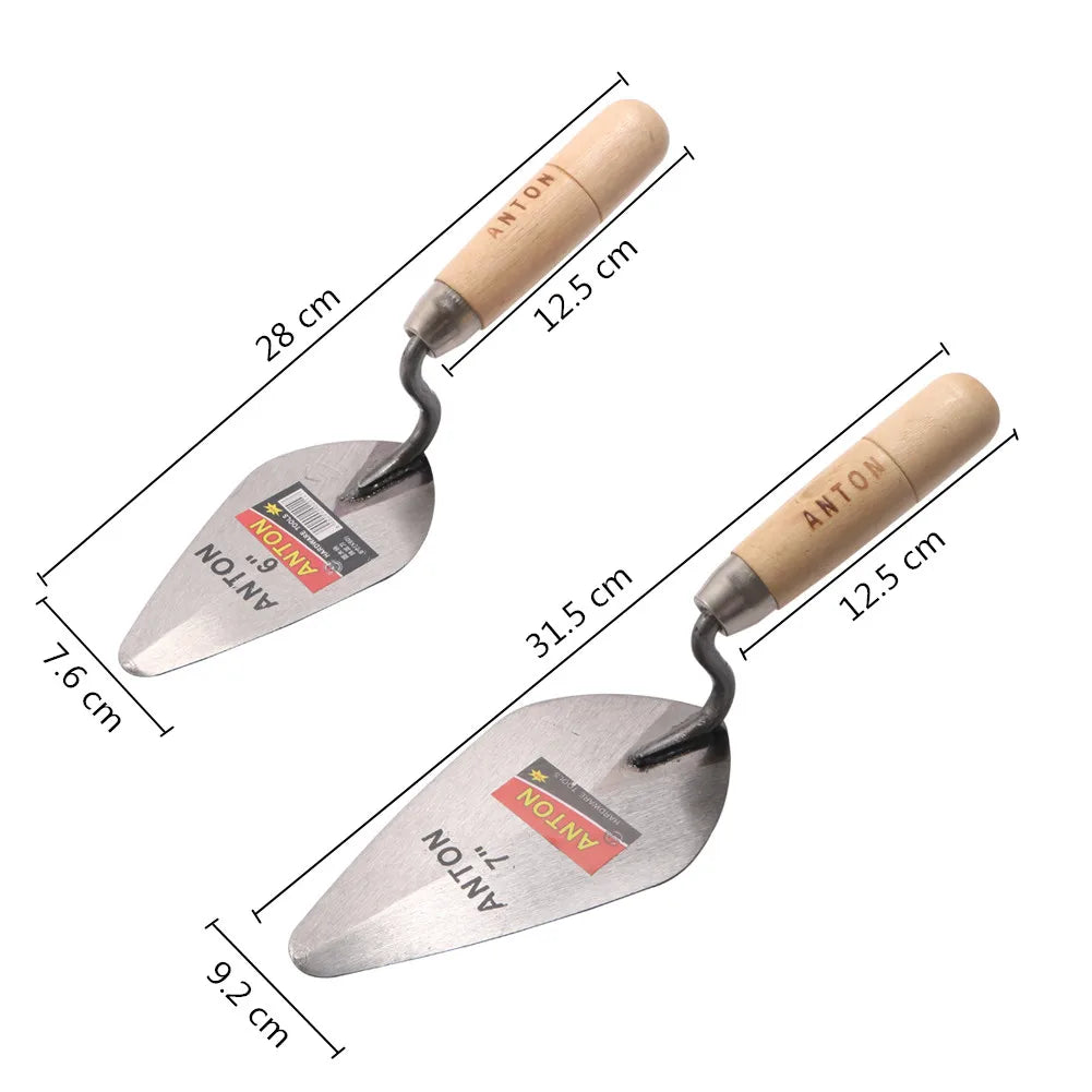 Two garden trowels with wooden handles and ANTON branding, shown with measurements on a white background.