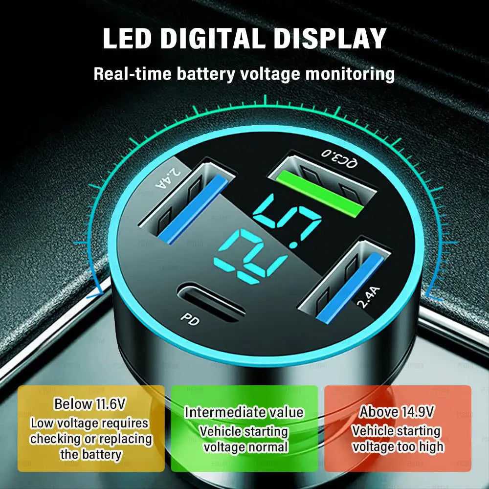 4 Ports Fast Car Charger Upgrade Voltmeter Display USB for iPhone