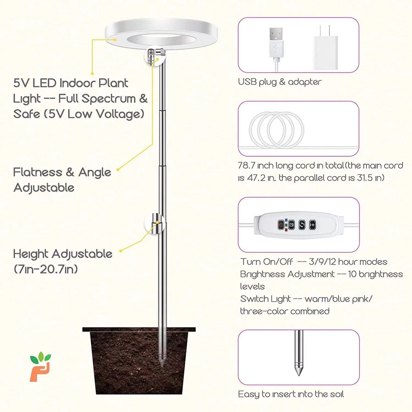 Lámpara LED Halo de 10 W para plantas - Espectro completo con temporizador para flores y semillas