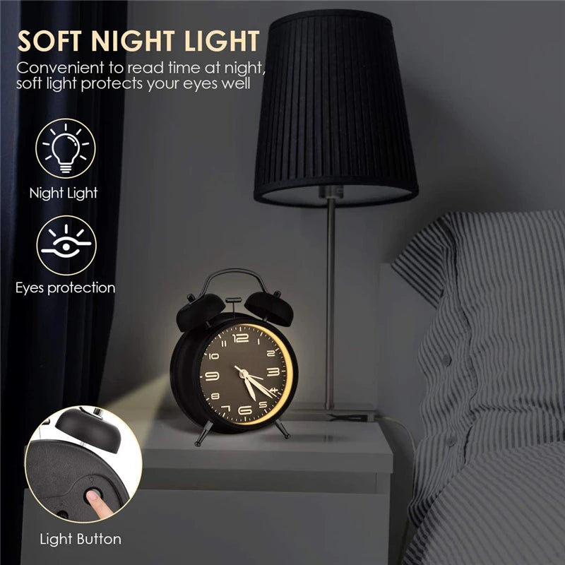 4 Inch Twin Bell Loud Alarm Clock - Metal Frame with Backlight