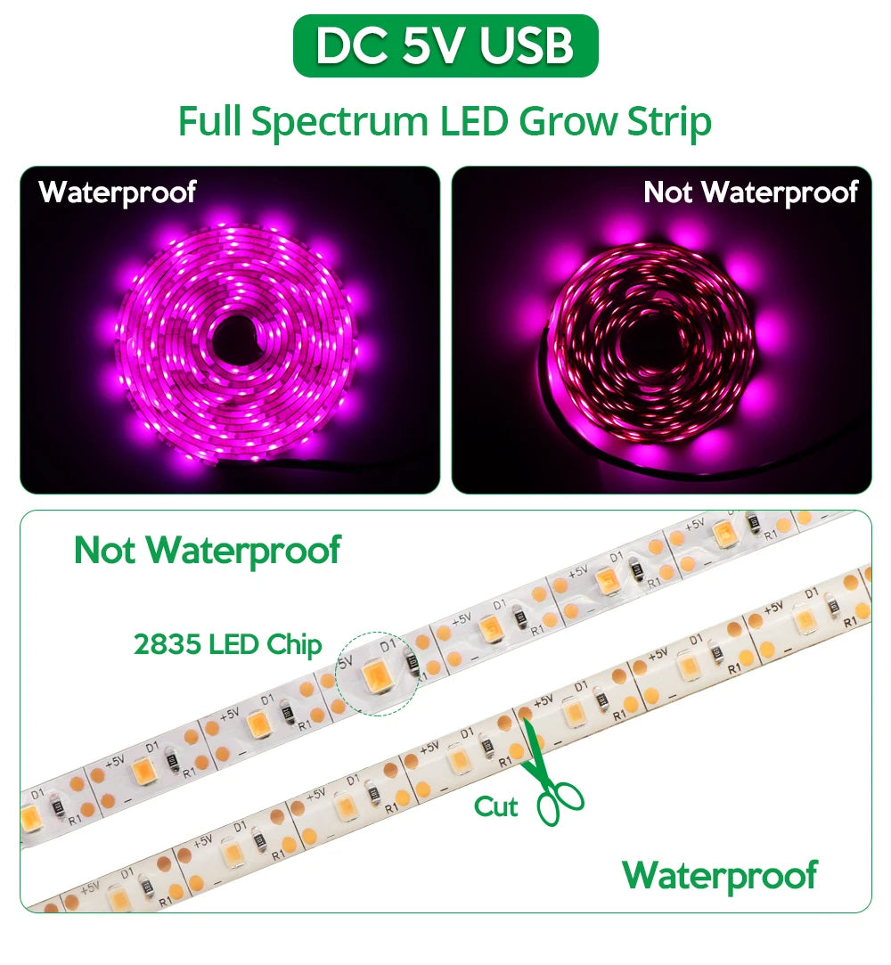 Bande lumineuse LED de croissance 5 V USB - 2835 spectre complet, longueurs 1 m/2 m/3 m