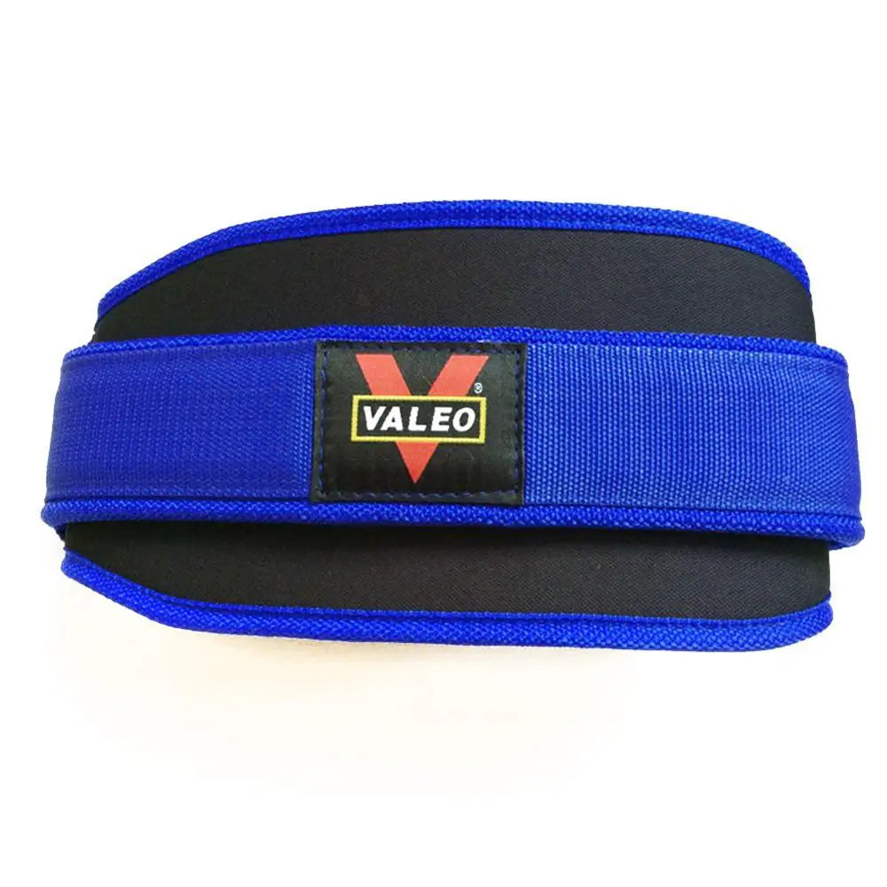 Blue weightlifting belt with Valeo logo on a white background