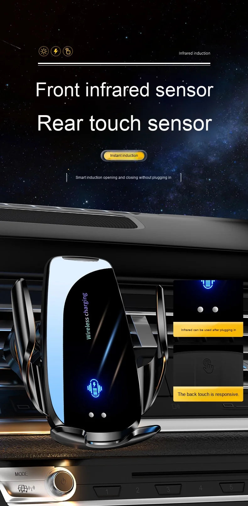 15W Car Wireless Charger Q96 - Auto Open/Close Phone Holder