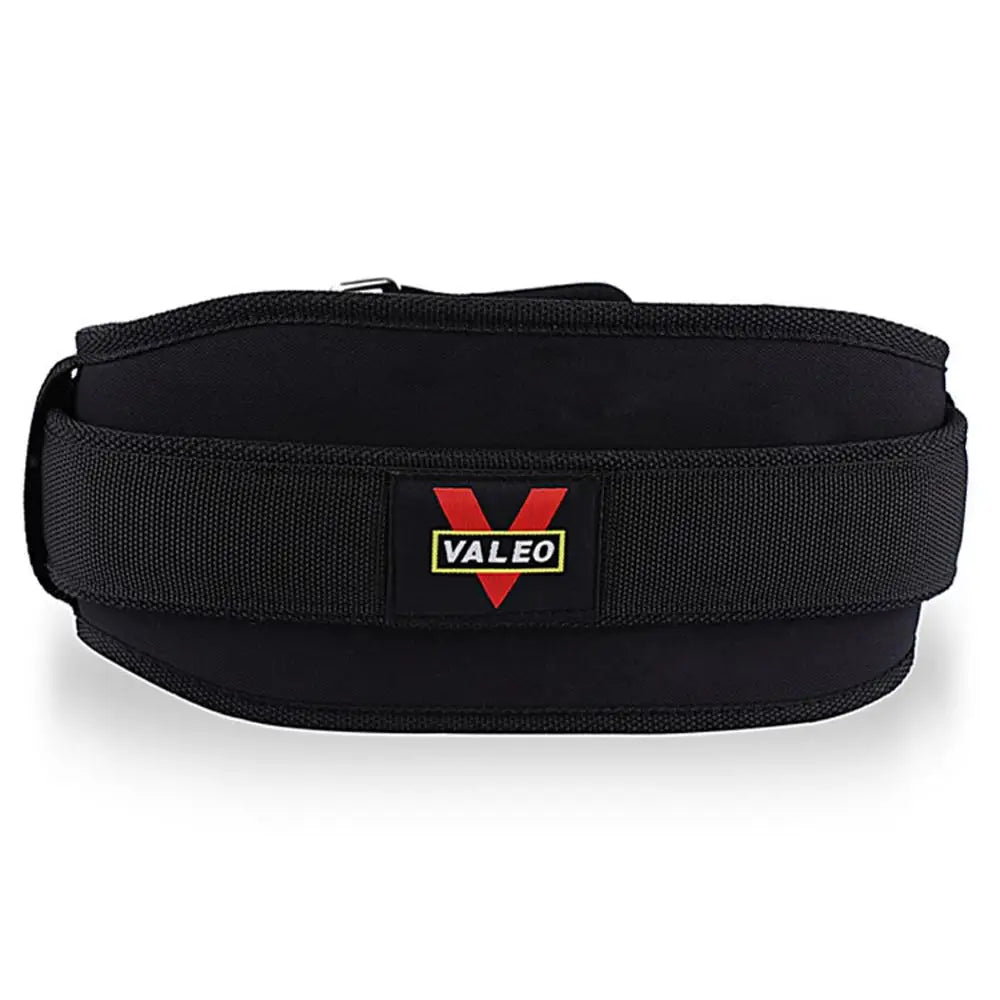 Black weightlifting belt with Valeo logo on a white background