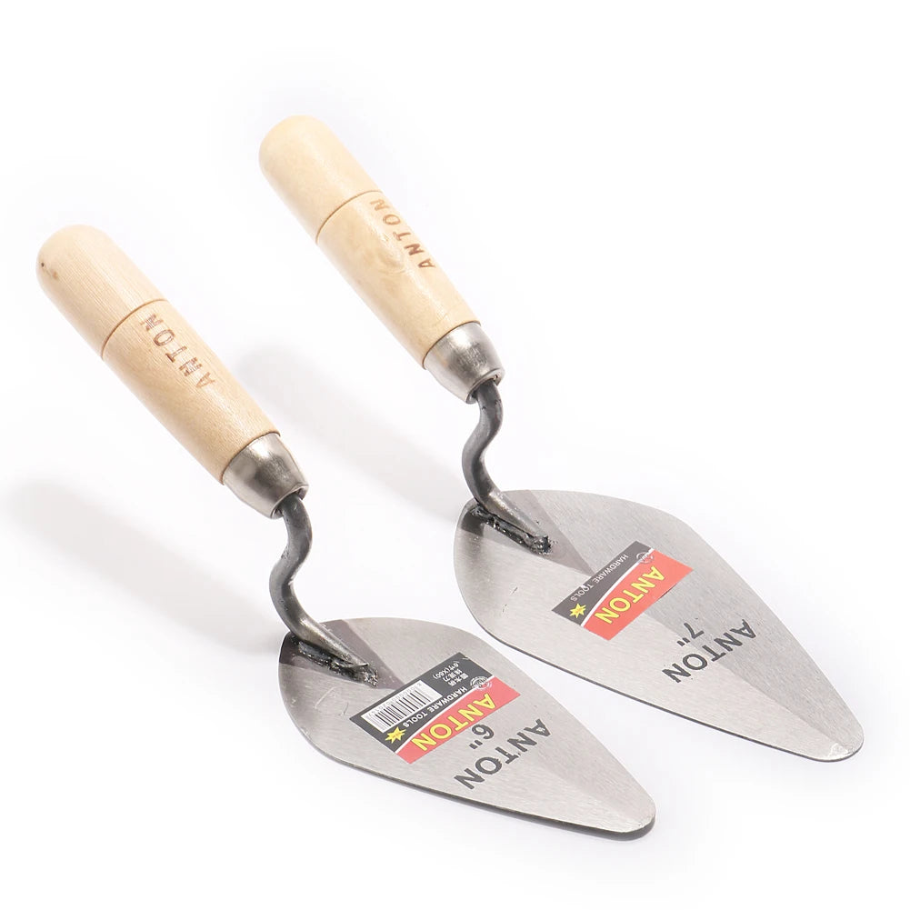 Two gardening trowels with wooden handles on a white background