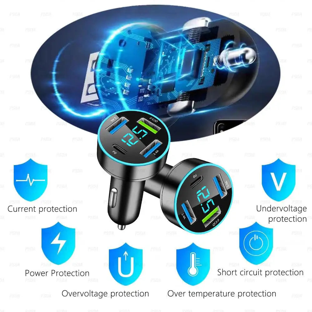 4 Ports Fast Car Charger Upgrade Voltmeter Display USB for iPhone