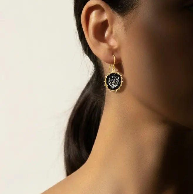 Esin Akan Dance of Stamens Medium Earring in Gold Plated Silver with Black Spinel