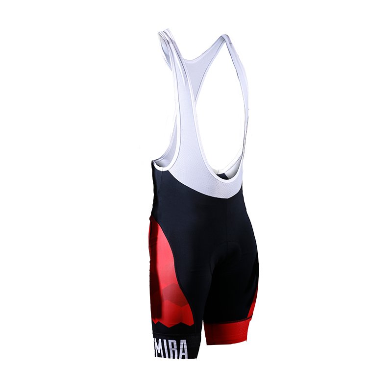 Cycling bib shorts with black, red, and white design on a white background