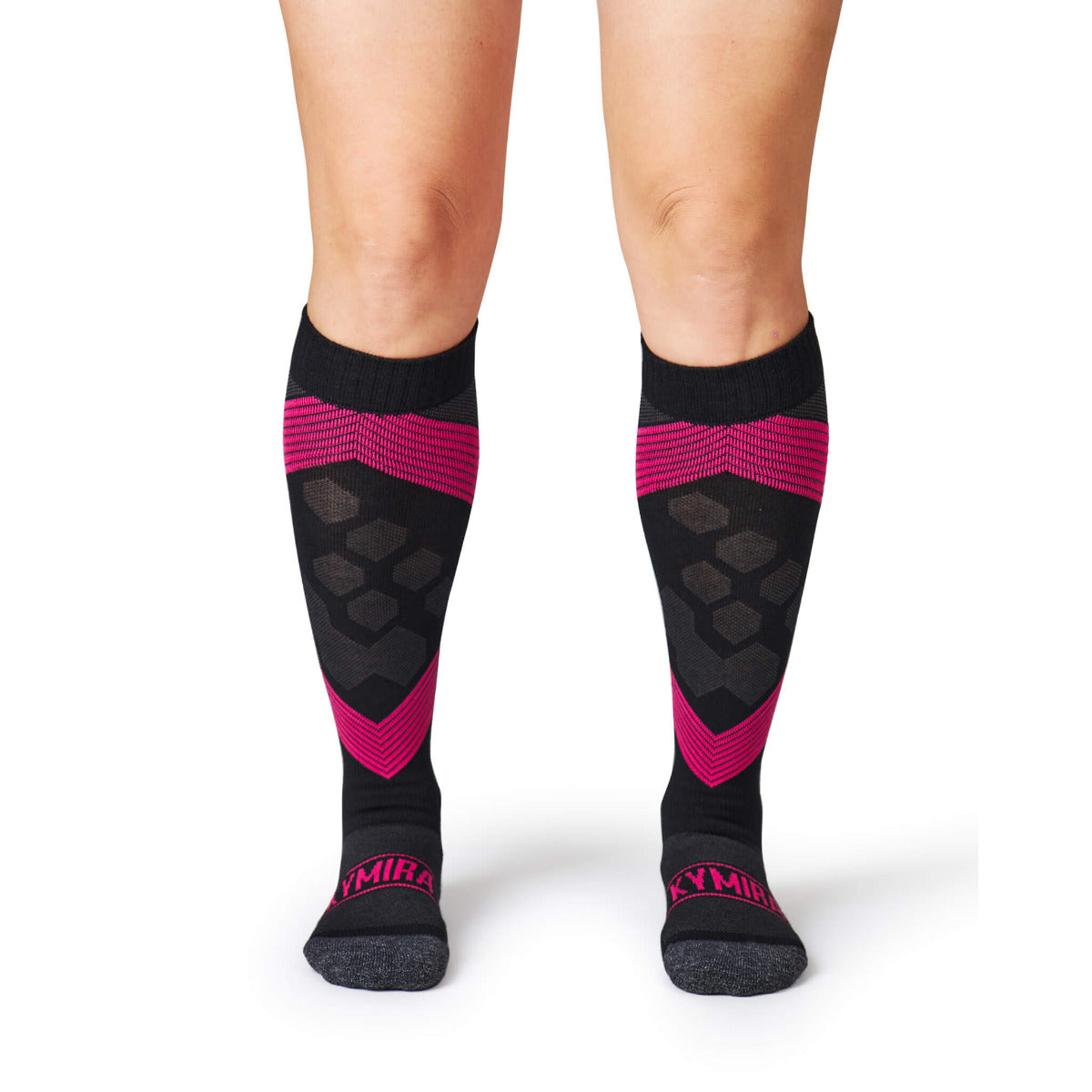 Black and pink compression socks with 'KYMIRA' branding on a white background
