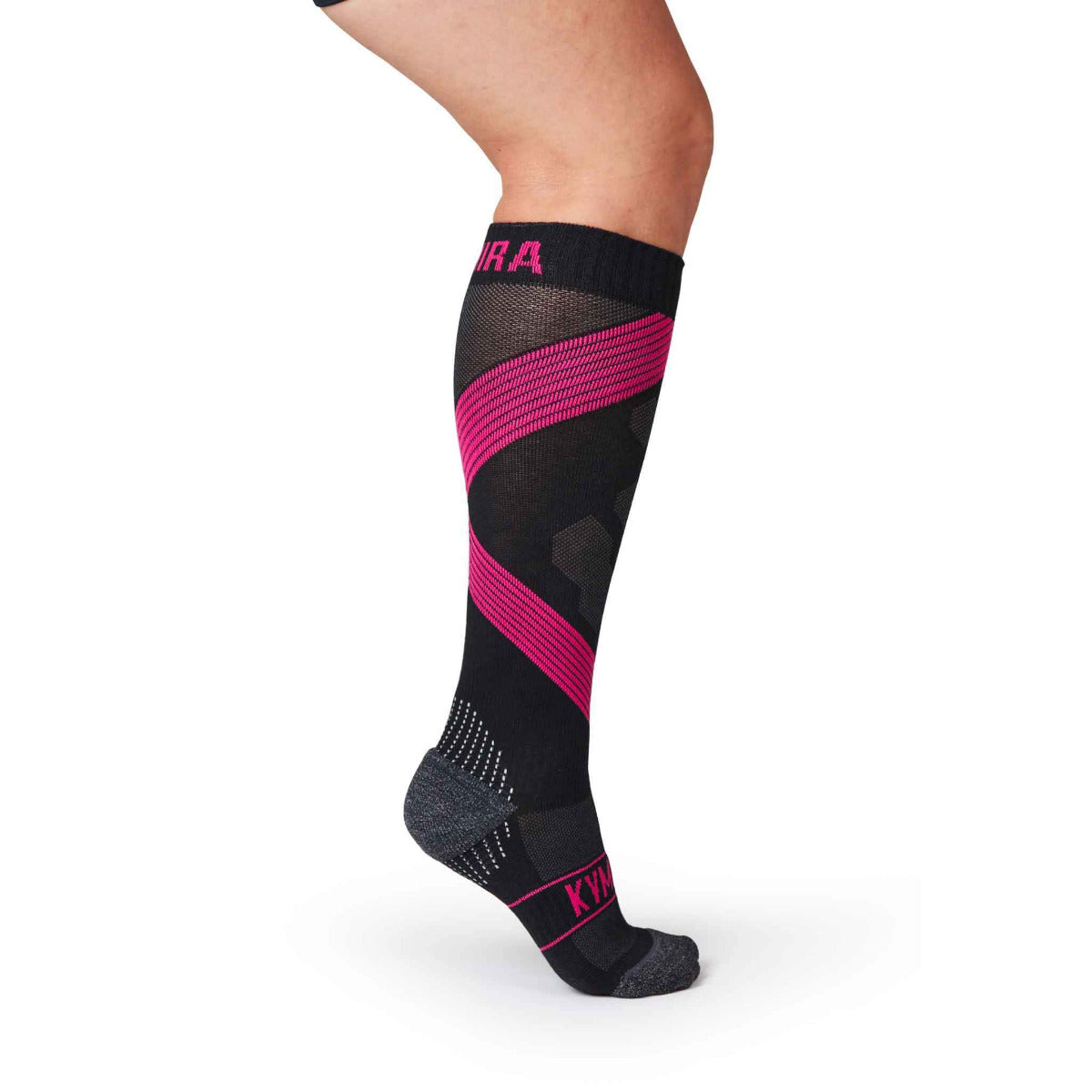 Black and pink compression sock on a white background