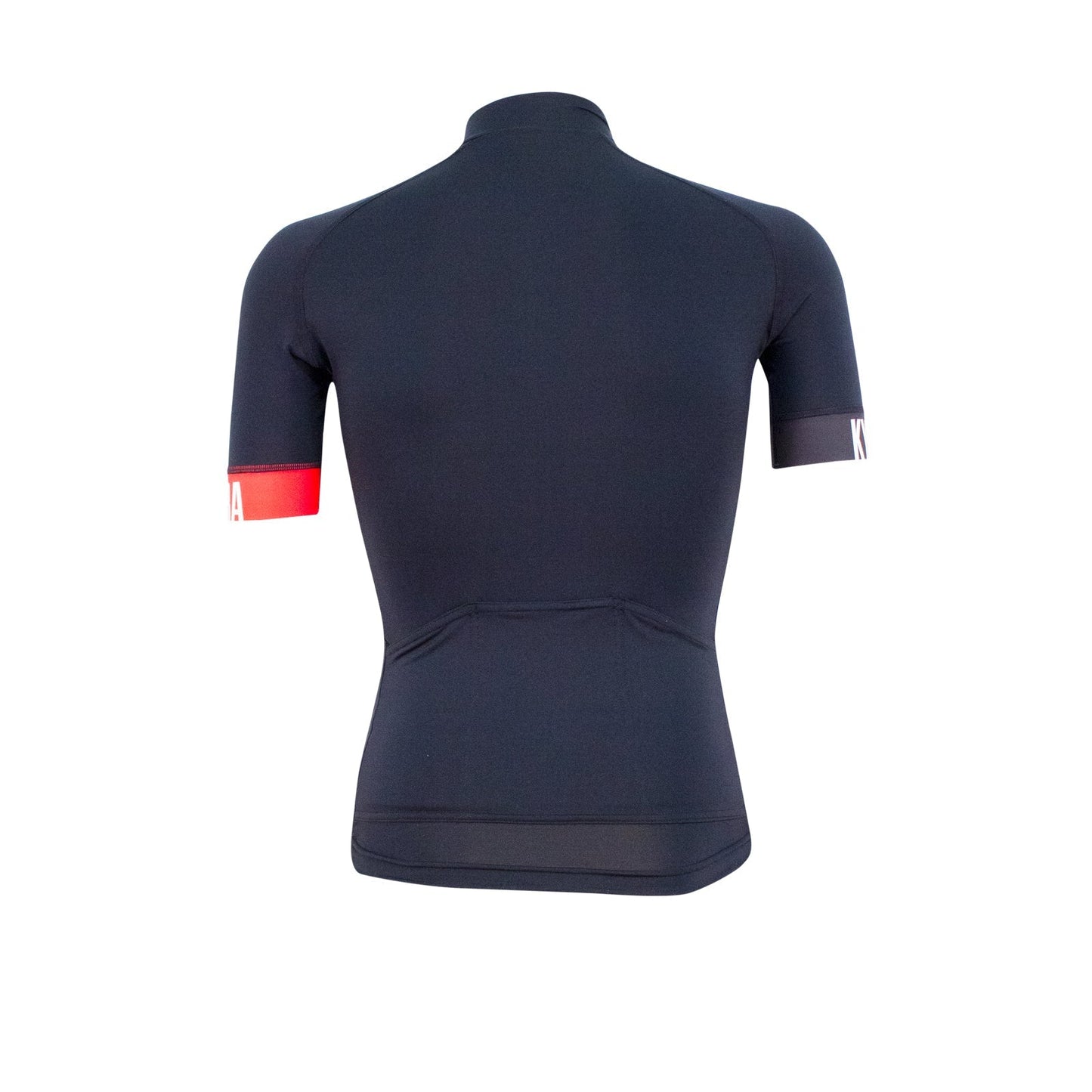 Navy cycling jersey with red and white accents on a white background